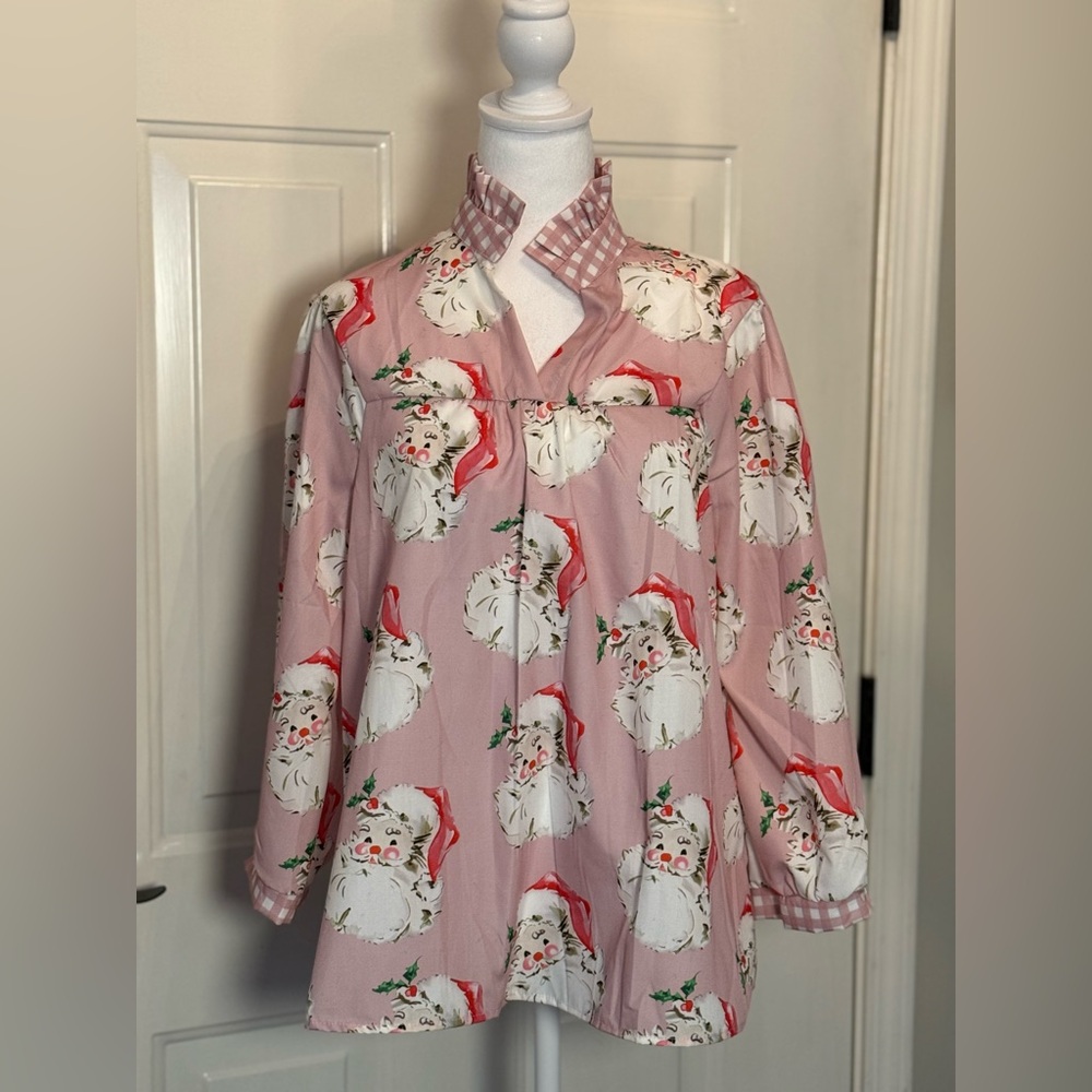 Festive Santa Print Pink Blouse